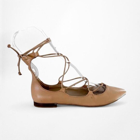 Zara Nude Beige Brown Goat Leather Lace Up Ballet Flats Size 6 - Picture 3 of 10